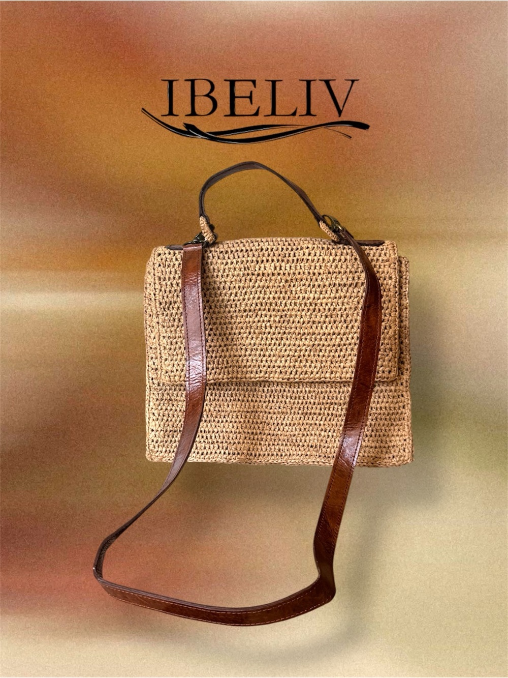 IBELIV Hand-Crocheted Natural Raffia Shoulder Bag One-of-a-Kind